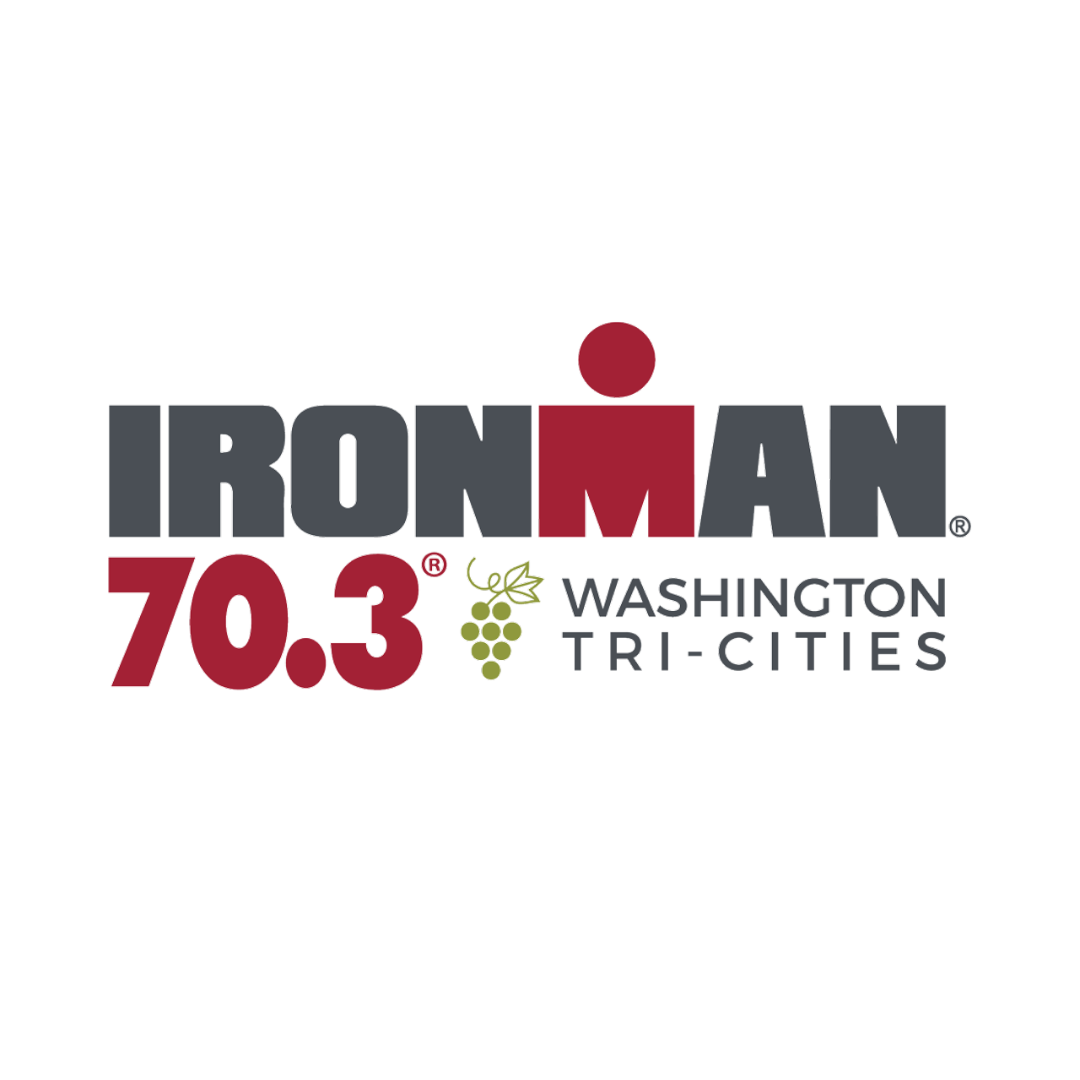 Gray Ironman text with red man for M 70.3