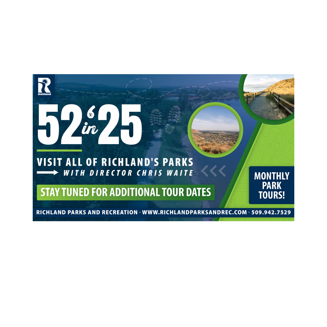 Shades of blue on green with white text and image of a park