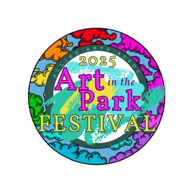 bright and colorful image logo for Art in the Park Festival. incorporates the river