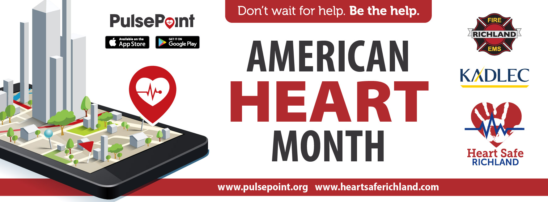 red, black and white America Heart Month with mobile phone and buildings on top