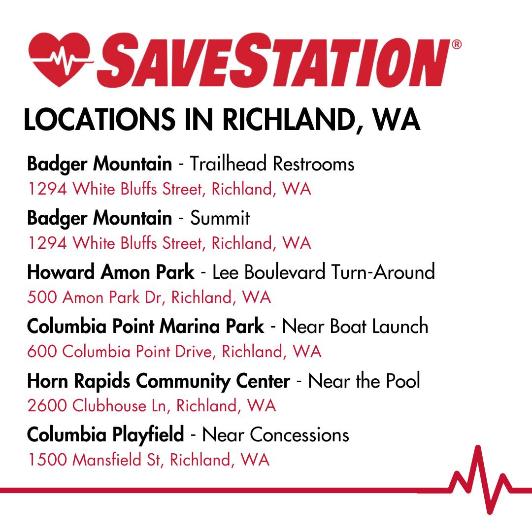 red black and white list of savestations located in Richland WA