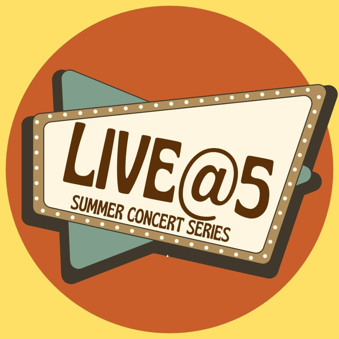Live@5 concert series logo that has abstract circle with triangles intersected. Wheat, rust and gray colors