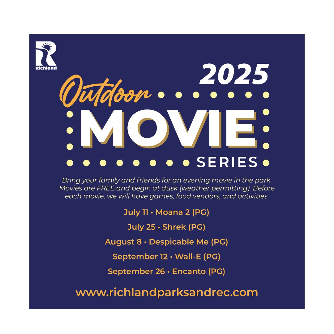 Dark blue background with white text promoting the outdoor movies