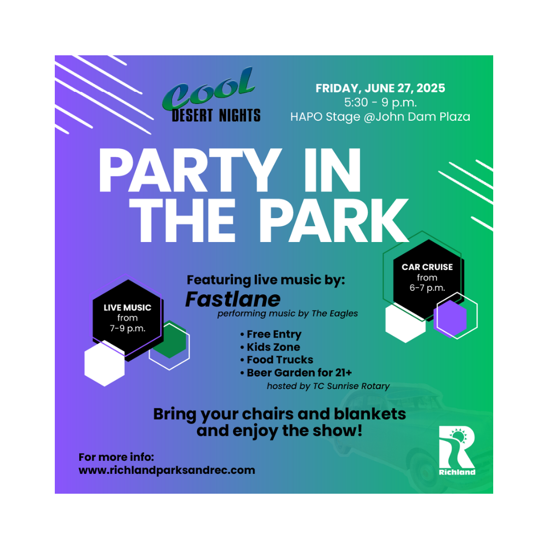 purple, blue and green background with abstract shapes and white and black text promoting the Party in the Park