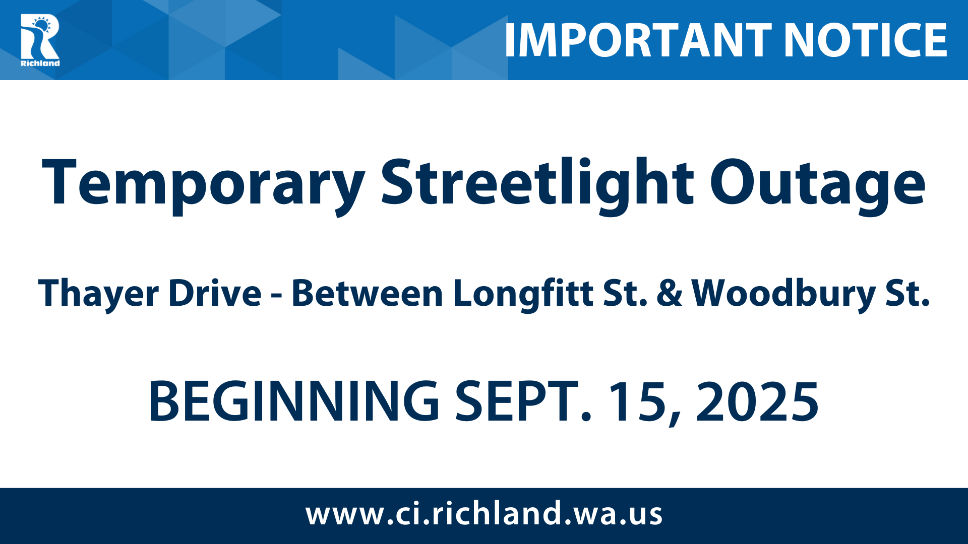 Temporary Streetlight Outage Expected Along Thayer Drive Beginning September 15